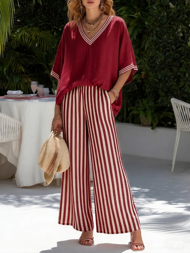 Clover | V-Neck Striped-Pattern Wide-Leg Two-Piece Set - Half-Sleeve Striped-Trim