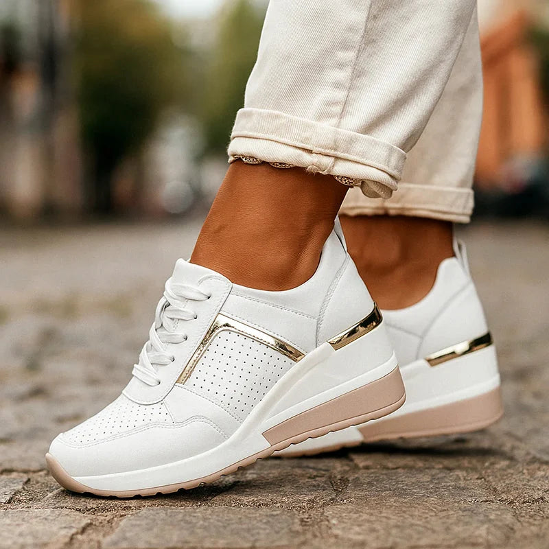 Thea | Glimmer Accent Wedge Platform Trainers - Metallic Trim Casual Shoes