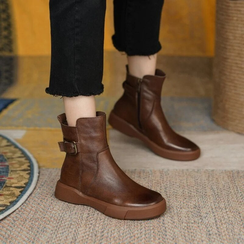 Linnea | Buckle-Strap Flat Ankle Boots – Everyday Fall and Winter Comfort Footwear