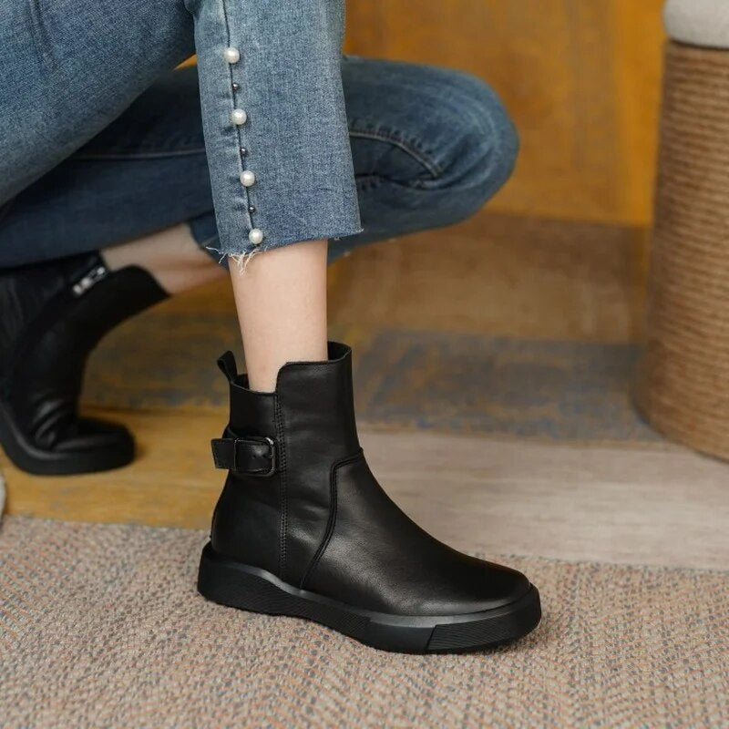 Linnea | Buckle-Strap Flat Ankle Boots – Everyday Fall and Winter Comfort Footwear