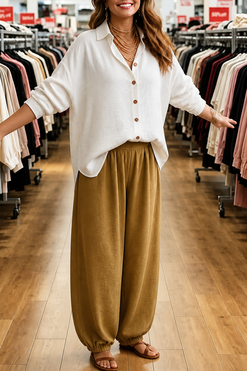 Rosaline | Button-Closure Turn-Down Collar Long Sleeve Shirt and Pants Set – Chic Two-Piece Outfit