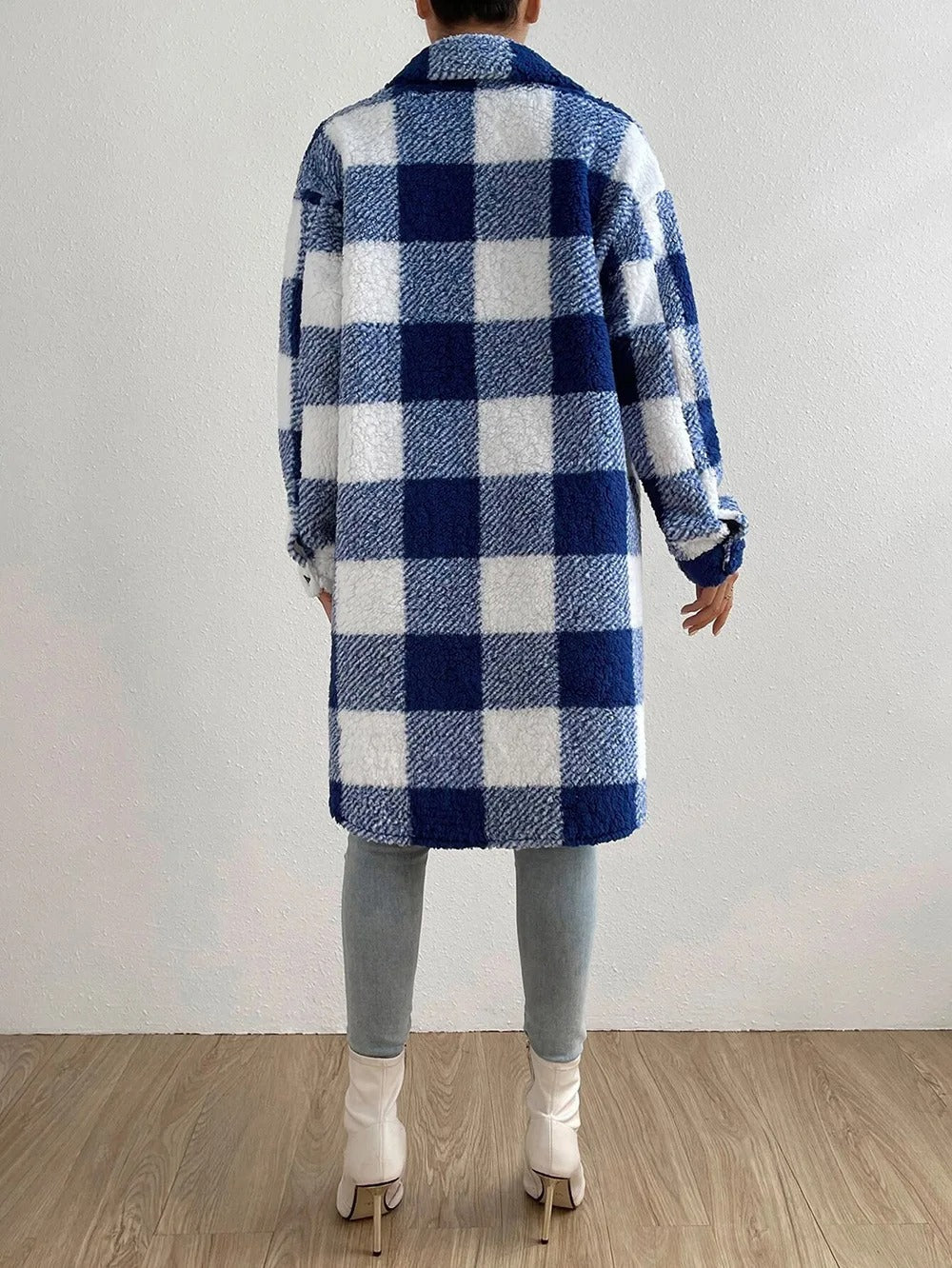 Ellena | Checked Long Coat – Cozy Button-Front Fuzzy Outerwear