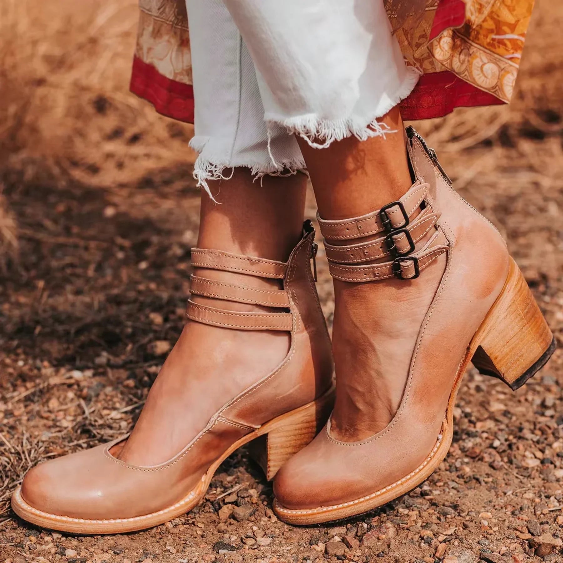 Women's Strappy Block Heel Ankle Booties – Chic Round Toe Fashion Boots