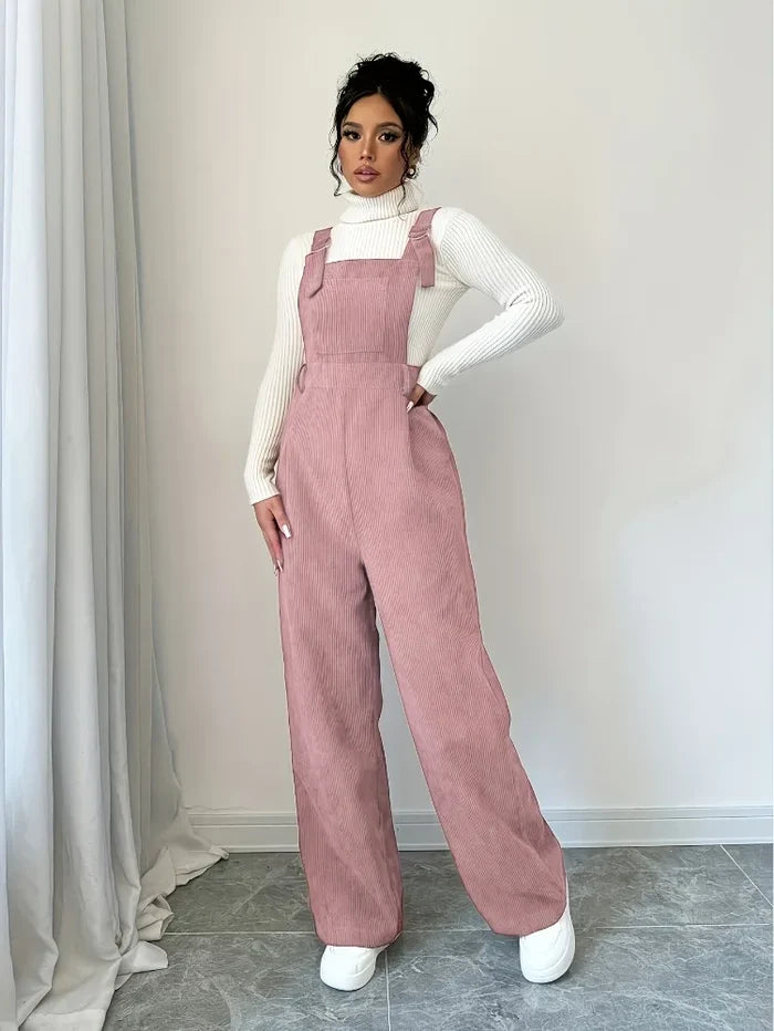 Oriana | Corduroy Square-Neck Wide-Leg Overalls - Chic Retro-Inspired Going-Out Style