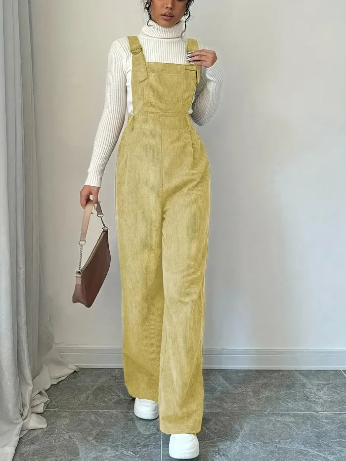 Oriana | Corduroy Square-Neck Wide-Leg Overalls - Chic Retro-Inspired Going-Out Style