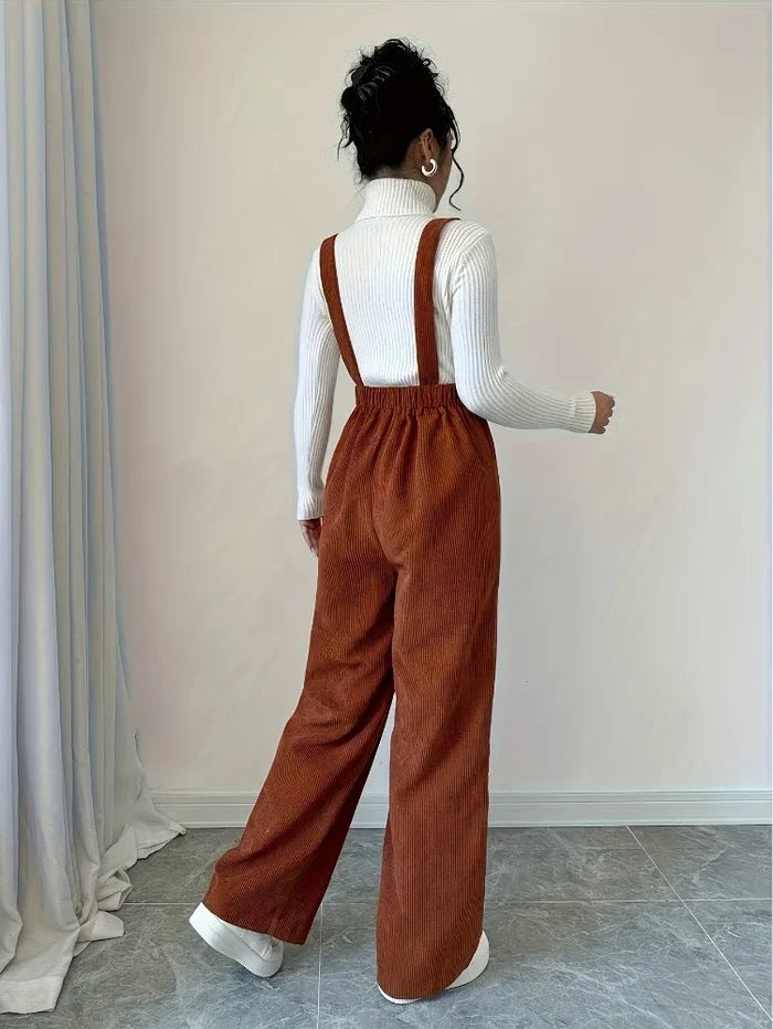 Oriana | Corduroy Square-Neck Wide-Leg Overalls - Chic Retro-Inspired Going-Out Style