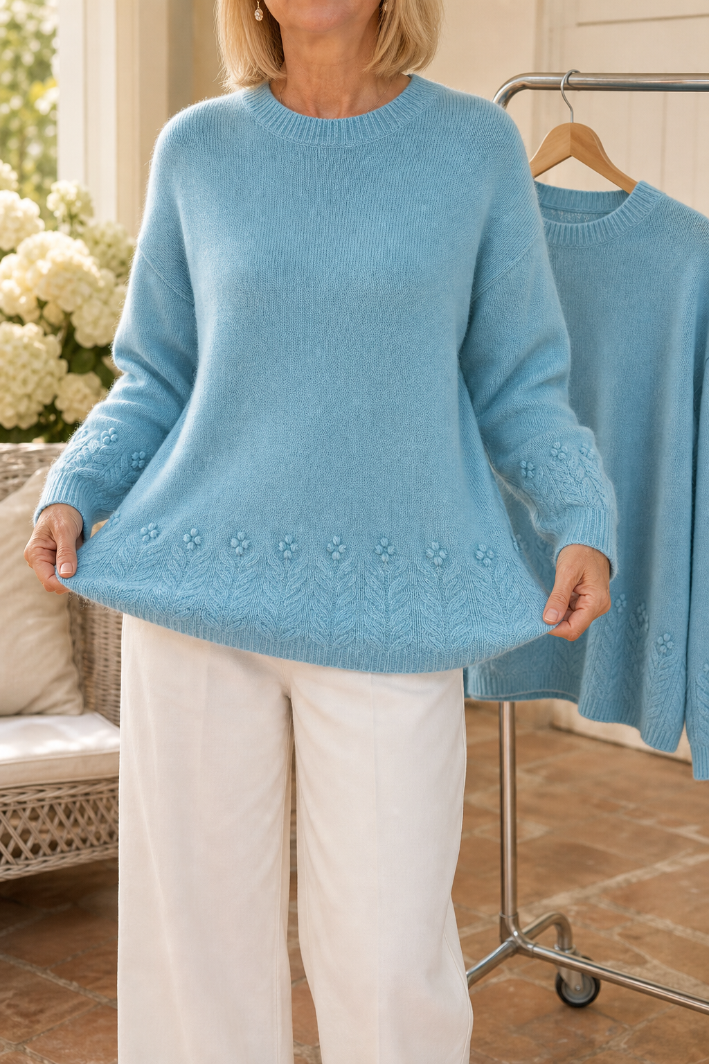 Clarette | Crewneck Long Sleeve Embroidered Cable Knit Sweater – Cozy Pullover Outfit