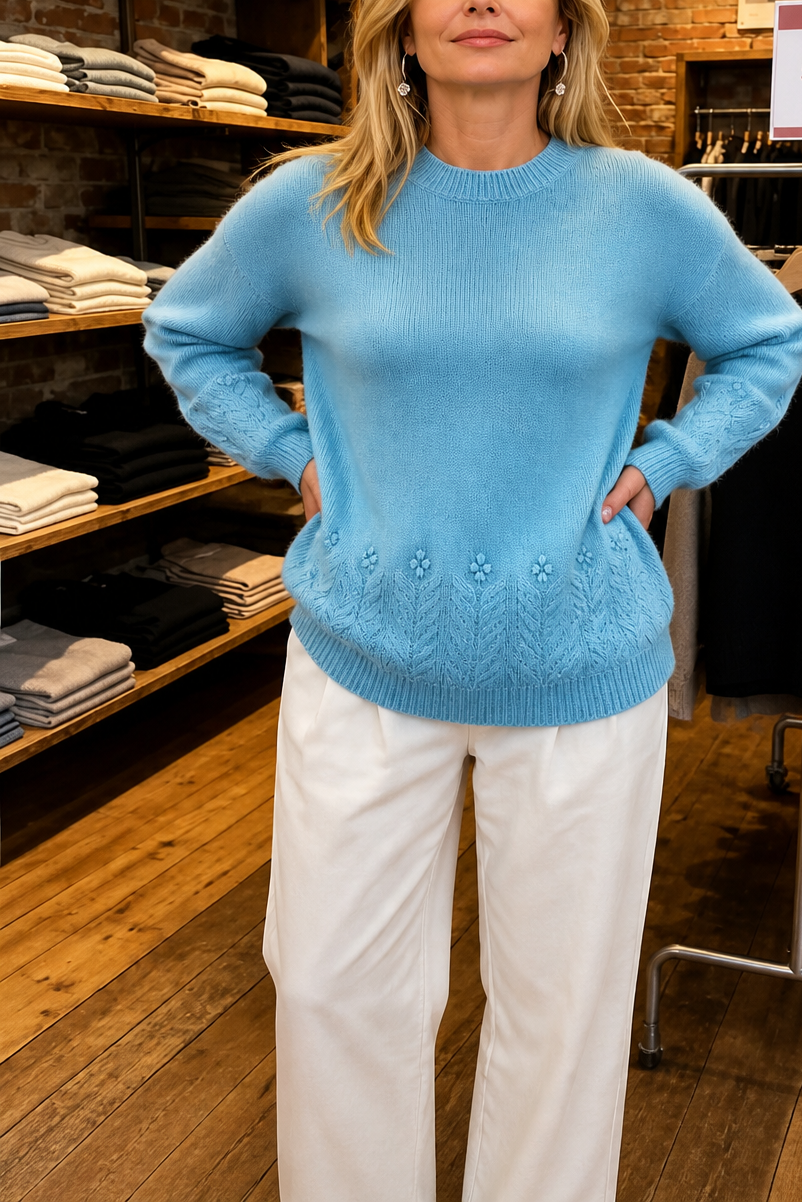 Clarette | Crewneck Long Sleeve Embroidered Cable Knit Sweater – Cozy Pullover Outfit