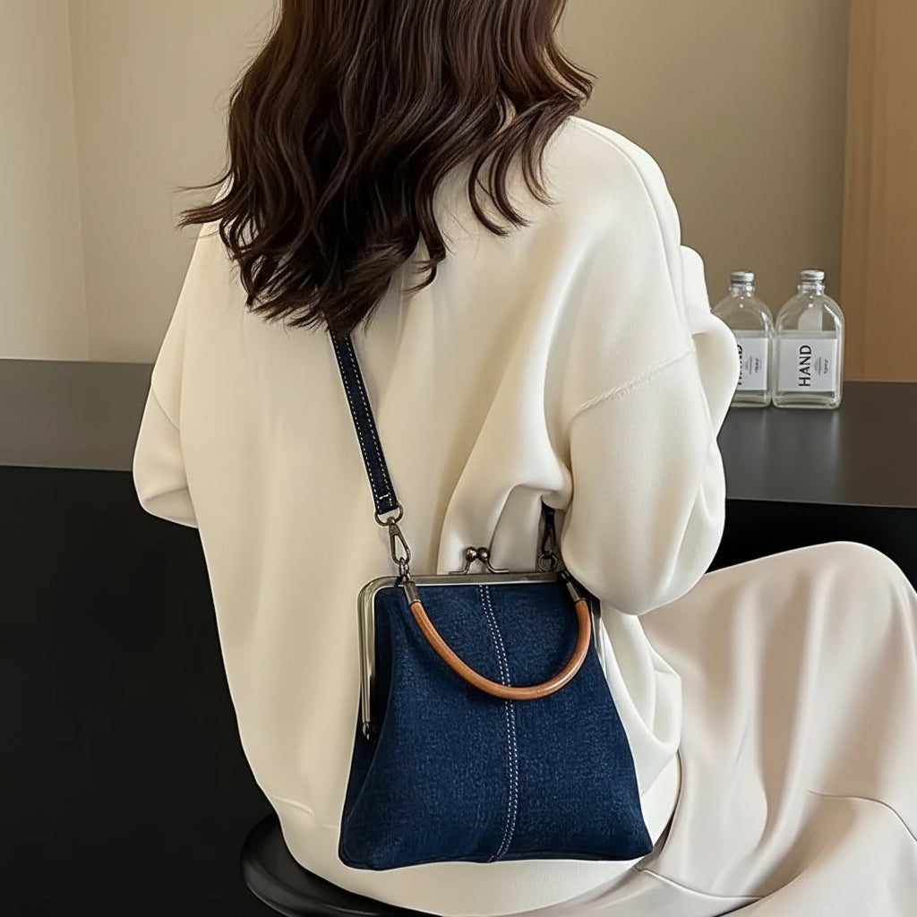 Women's Denim Mini Satchel Bag – Structured Crossbody Purse with Vintage Frame Design