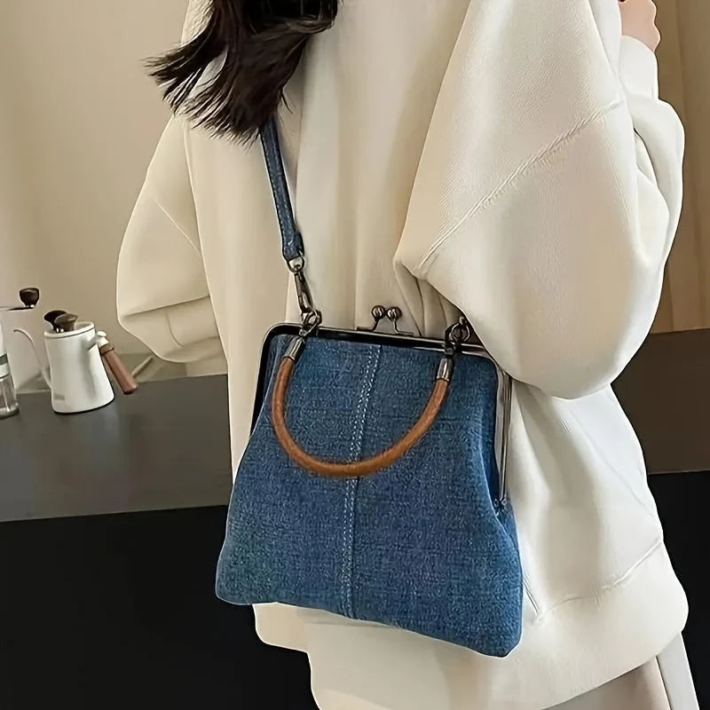 Women's Denim Mini Satchel Bag – Structured Crossbody Purse with Vintage Frame Design
