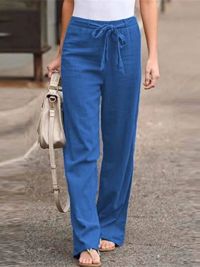 Women's Elegant High-Waist Linen Blend Palazzo Pants – Lightweight Relaxed Fit Summer Trousers