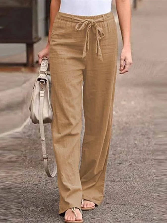 Women's Elegant High-Waist Linen Blend Palazzo Pants – Lightweight Relaxed Fit Summer Trousers