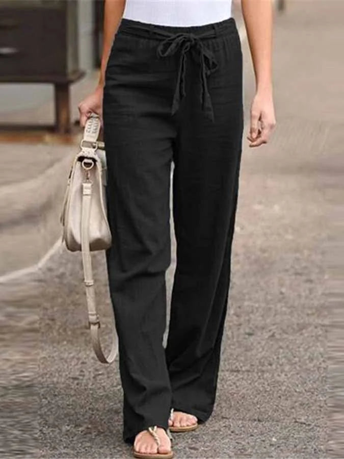 Women's Elegant High-Waist Linen Blend Palazzo Pants – Lightweight Relaxed Fit Summer Trousers