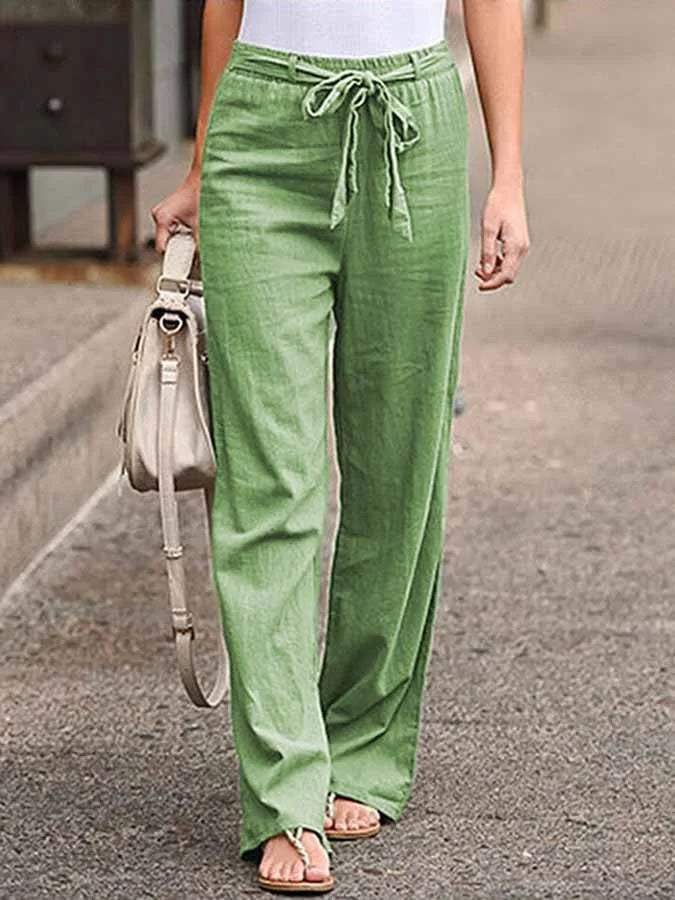 Women's Elegant High-Waist Linen Blend Palazzo Pants – Lightweight Relaxed Fit Summer Trousers