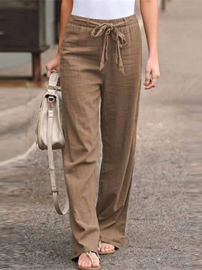 Women's Elegant High-Waist Linen Blend Palazzo Pants – Lightweight Relaxed Fit Summer Trousers