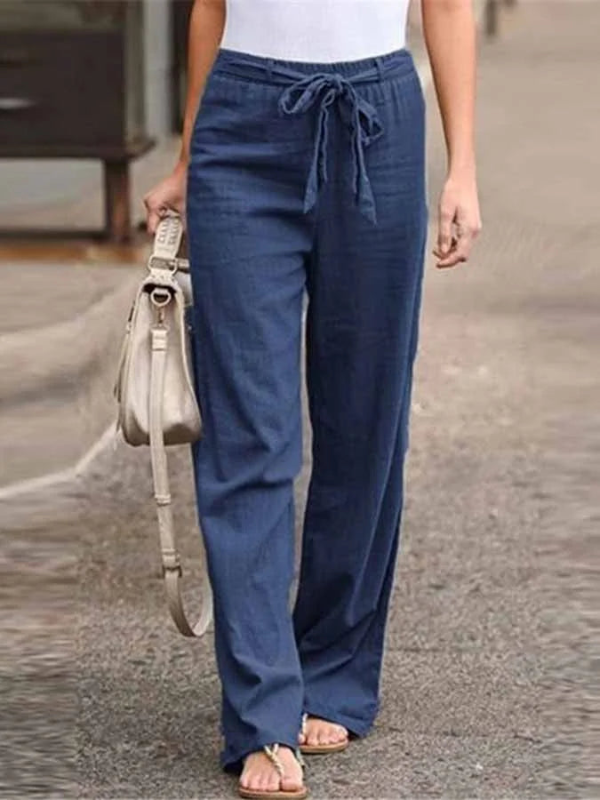 Women's Elegant High-Waist Linen Blend Palazzo Pants – Lightweight Relaxed Fit Summer Trousers
