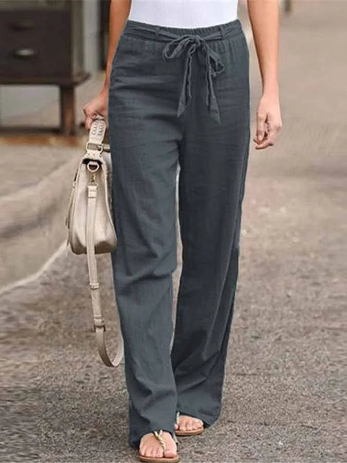 Women's Elegant High-Waist Linen Blend Palazzo Pants – Lightweight Relaxed Fit Summer Trousers