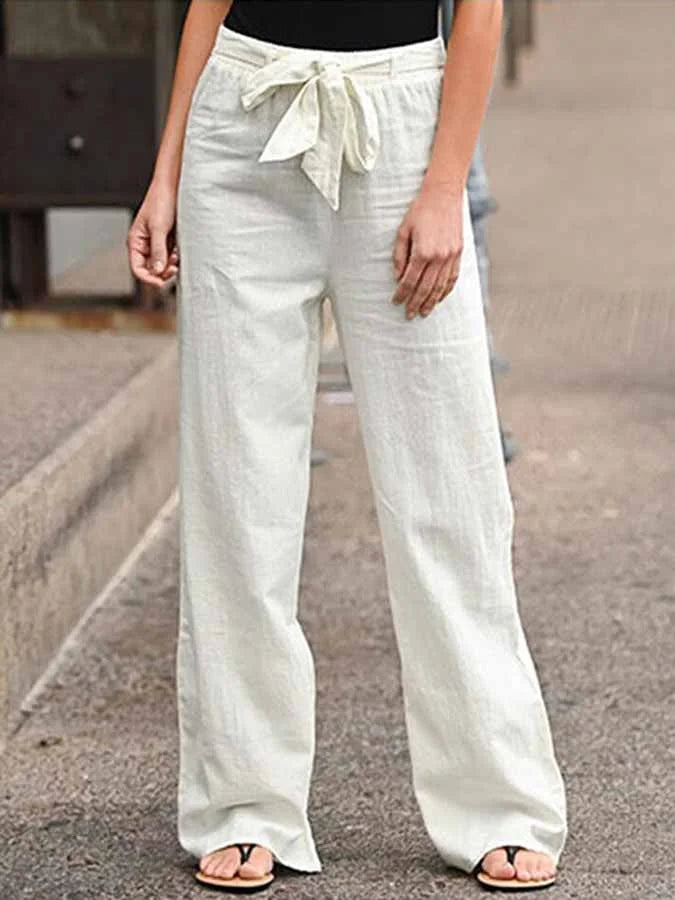 Women's Elegant High-Waist Linen Blend Palazzo Pants – Lightweight Relaxed Fit Summer Trousers