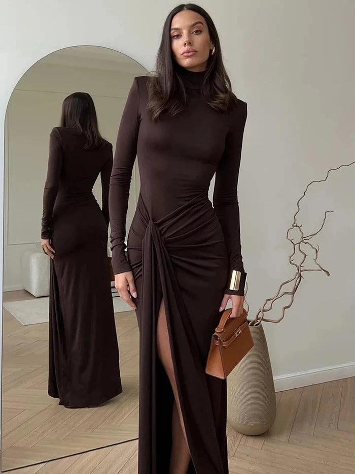Odette | High-Neck Long-Sleeve Draped-Front Cocktail Dress - Elegant Evening Wear
