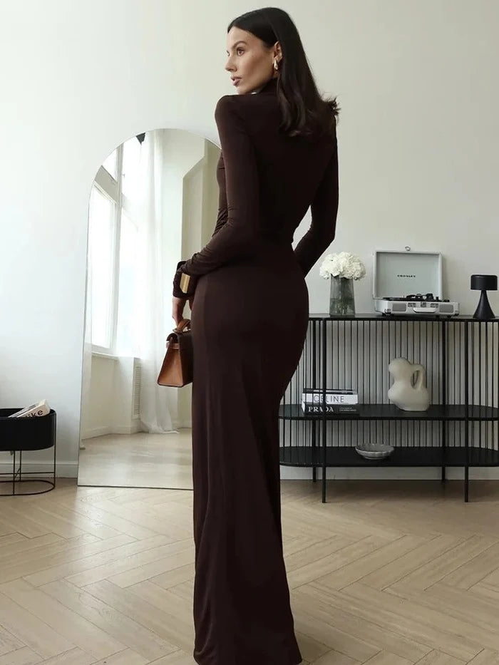Odette | High-Neck Long-Sleeve Draped-Front Cocktail Dress - Elegant Evening Wear