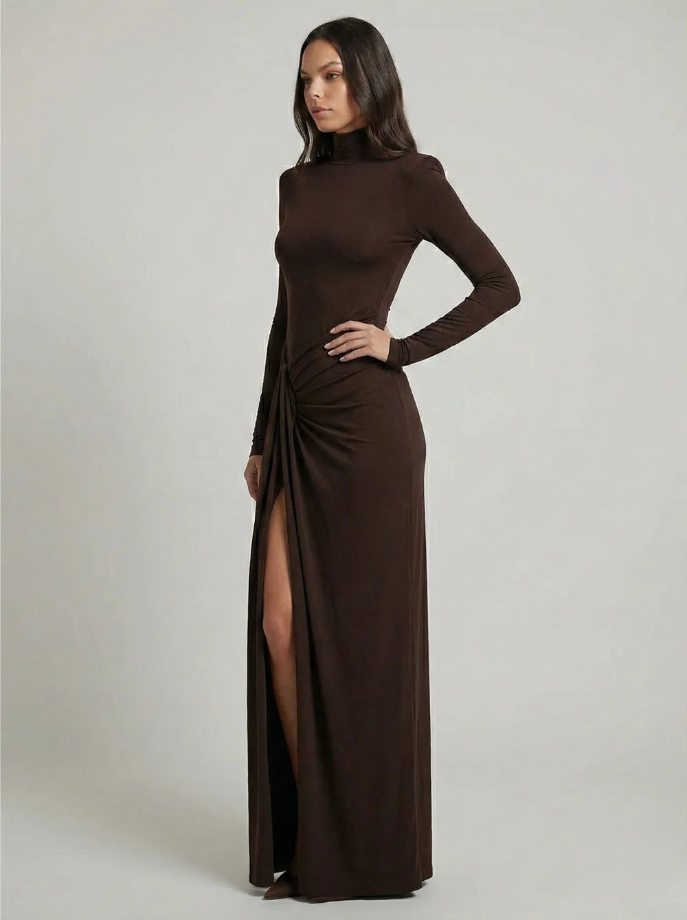 Odette | High-Neck Long-Sleeve Draped-Front Cocktail Dress - Elegant Evening Wear