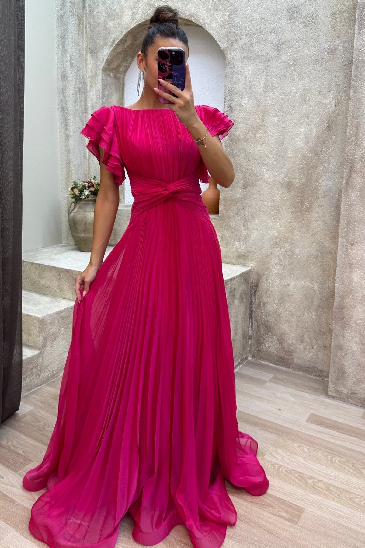 Hanna | Pleated Ruffle-Sleeve Maxi Dress – Formal Fall Wedding Guest and Evening Apparel
