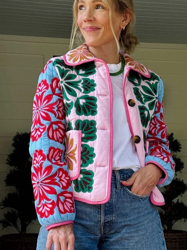 Violette | Floral Quilted Coat Rounded Collar Patch Pocket Outerwear - Casual & Spring Wear