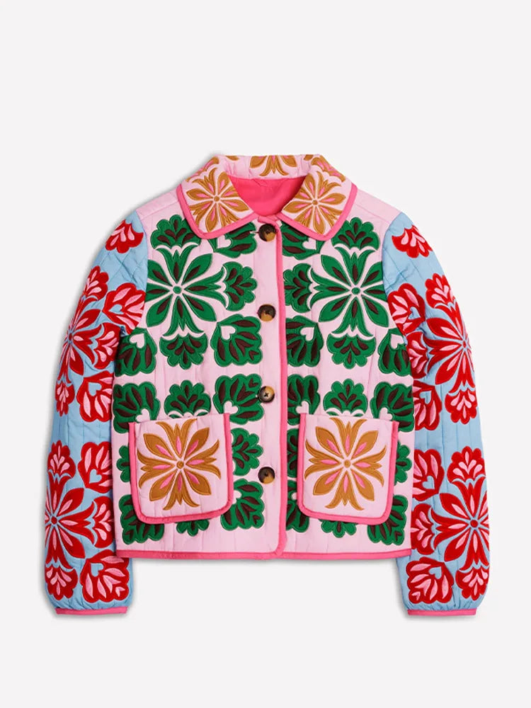 Violette | Floral Quilted Coat Rounded Collar Patch Pocket Outerwear - Casual & Spring Wear