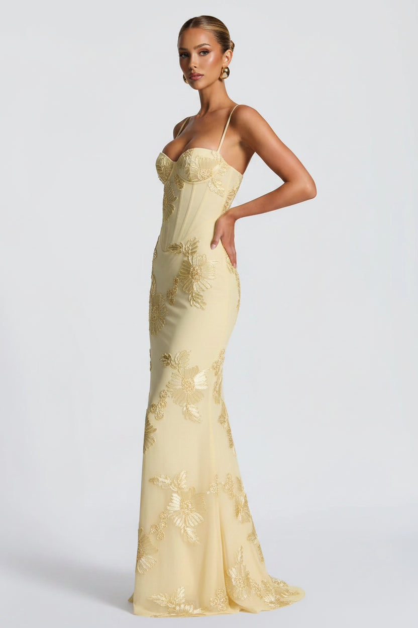 Women’s Romantic Floral Lace-Up Maxi Dress – Elegant Spaghetti Strap Corset Dress for Wedding Guest Parties