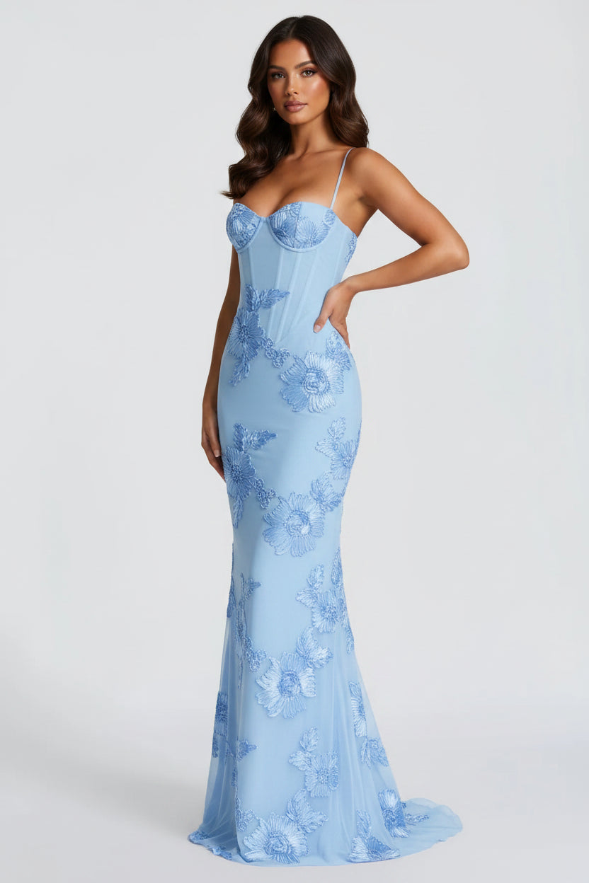 Women’s Romantic Floral Lace-Up Maxi Dress – Elegant Spaghetti Strap Corset Dress for Wedding Guest Parties