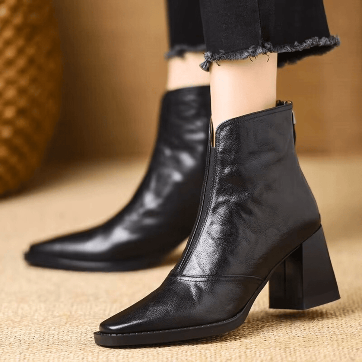 Leah | Front-Zip Pointed-Toe Block-Heel Ankle Boots – Premium Fall and Winter Footwear