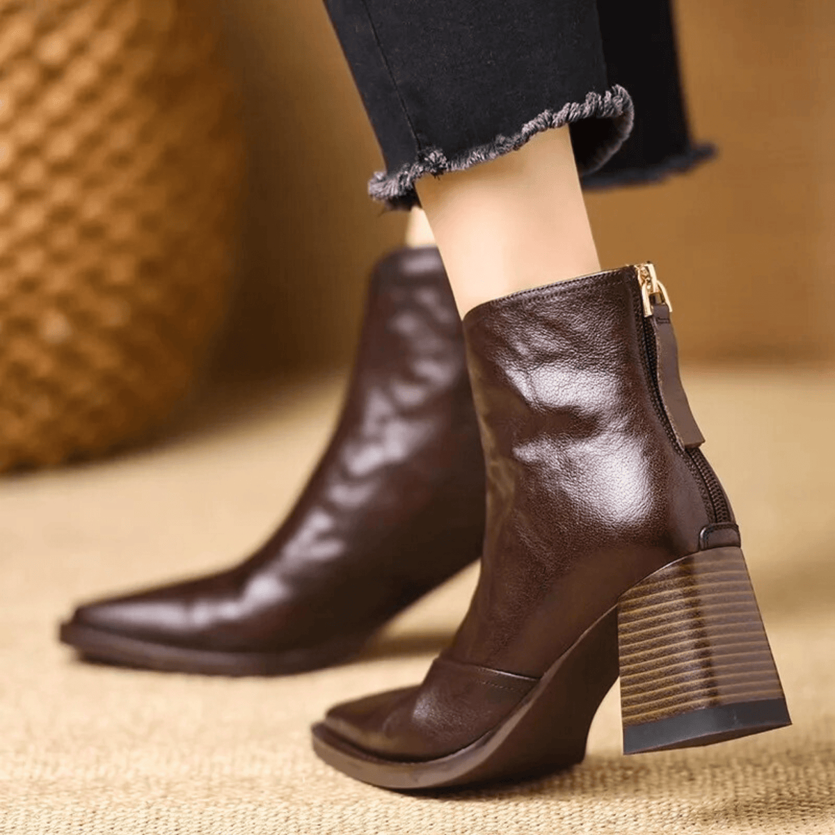 Leah | Front-Zip Pointed-Toe Block-Heel Ankle Boots – Premium Fall and Winter Footwear