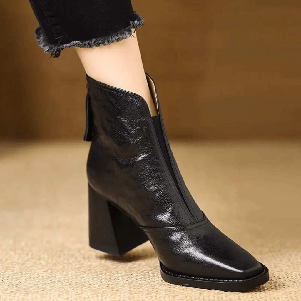 Leah | Front-Zip Pointed-Toe Block-Heel Ankle Boots – Premium Fall and Winter Footwear
