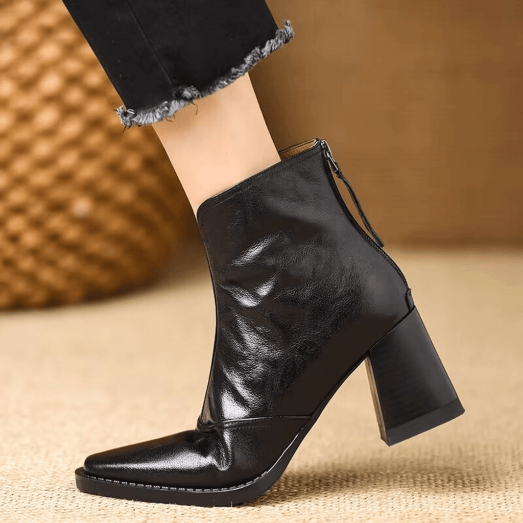 Leah | Front-Zip Pointed-Toe Block-Heel Ankle Boots – Premium Fall and Winter Footwear
