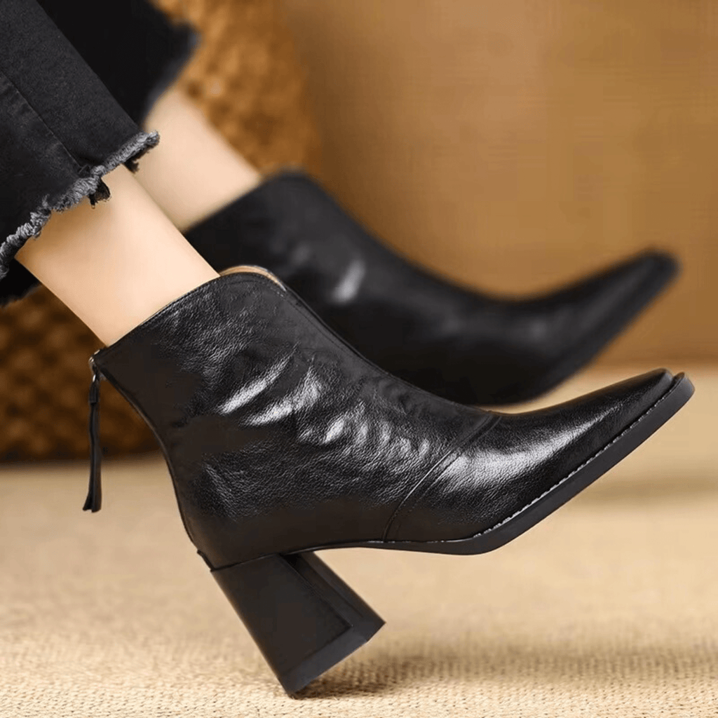 Leah | Front-Zip Pointed-Toe Block-Heel Ankle Boots – Premium Fall and Winter Footwear