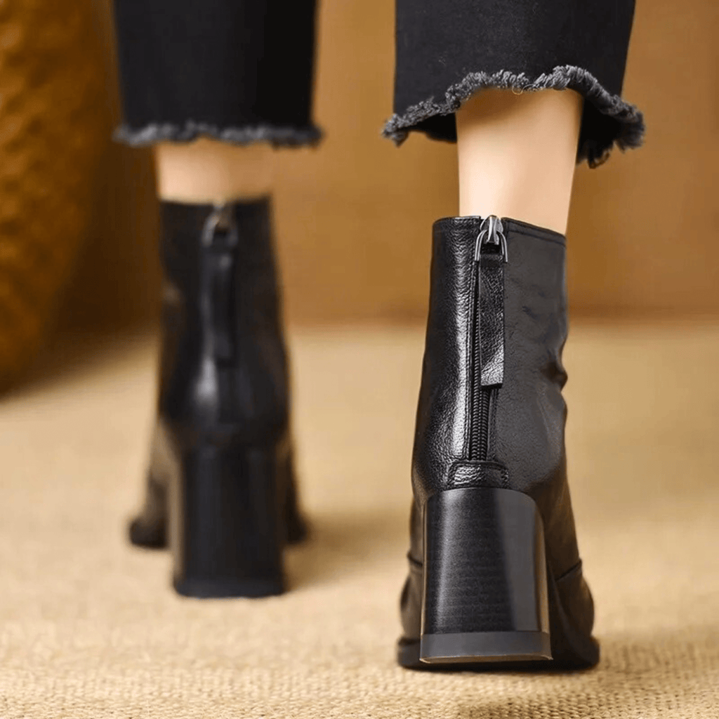 Leah | Front-Zip Pointed-Toe Block-Heel Ankle Boots – Premium Fall and Winter Footwear