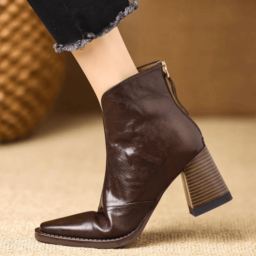 Leah | Front-Zip Pointed-Toe Block-Heel Ankle Boots – Premium Fall and Winter Footwear