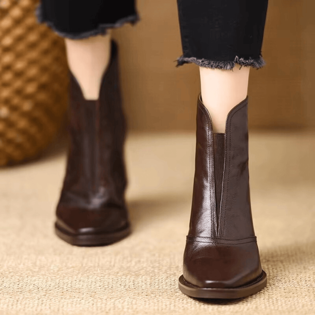 Leah | Front-Zip Pointed-Toe Block-Heel Ankle Boots – Premium Fall and Winter Footwear