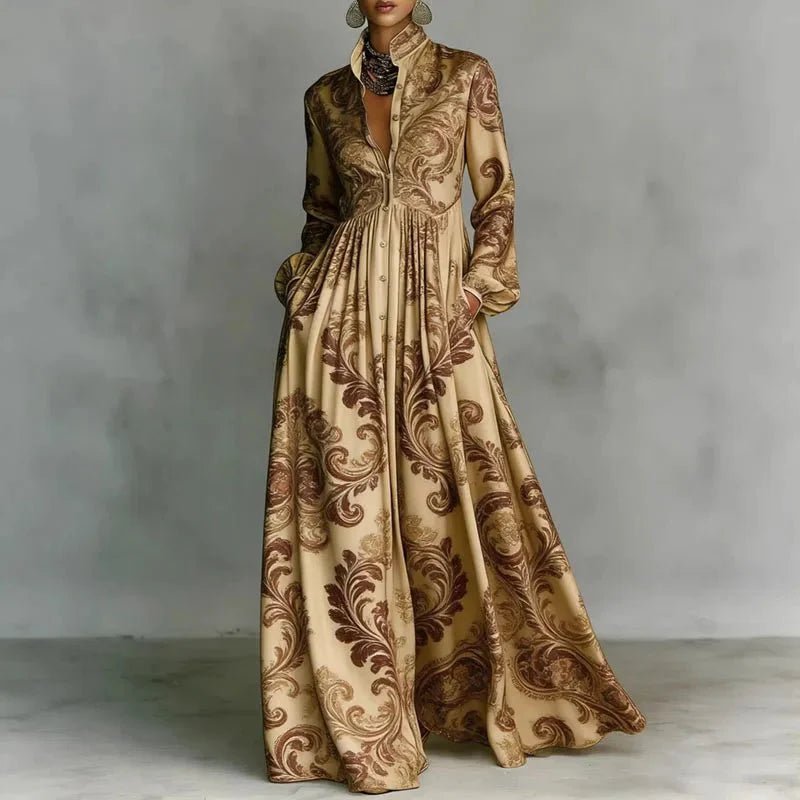Blair | Boho Print Maxi Dress – High Waist Long Sleeve Button Front Dress