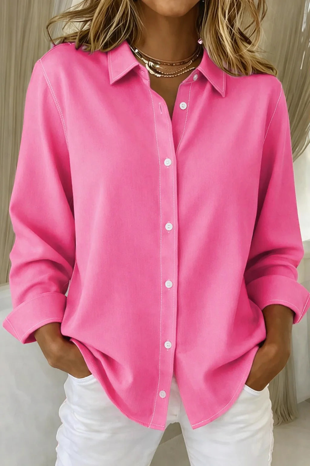 Women’s Collared Button Front Shirt – Trendy Long Sleeve Workwear Top