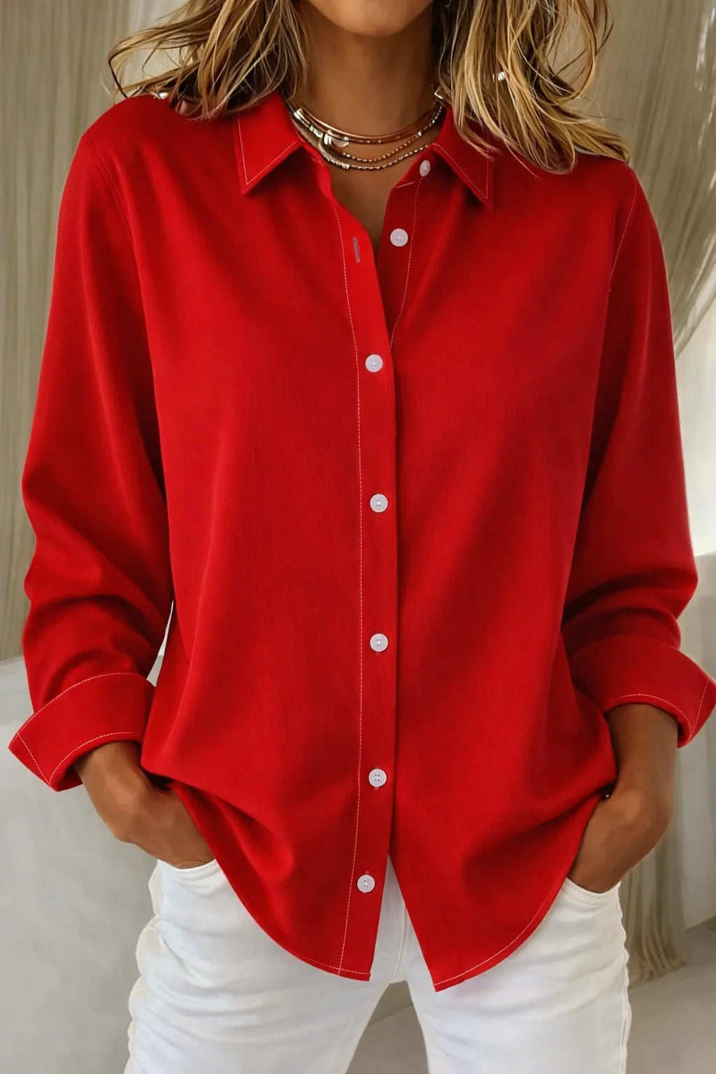 Women’s Collared Button Front Shirt – Trendy Long Sleeve Workwear Top