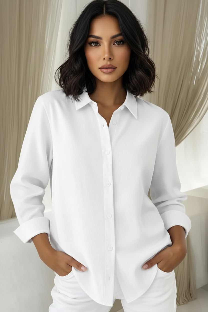Women’s Collared Button Front Shirt – Trendy Long Sleeve Workwear Top