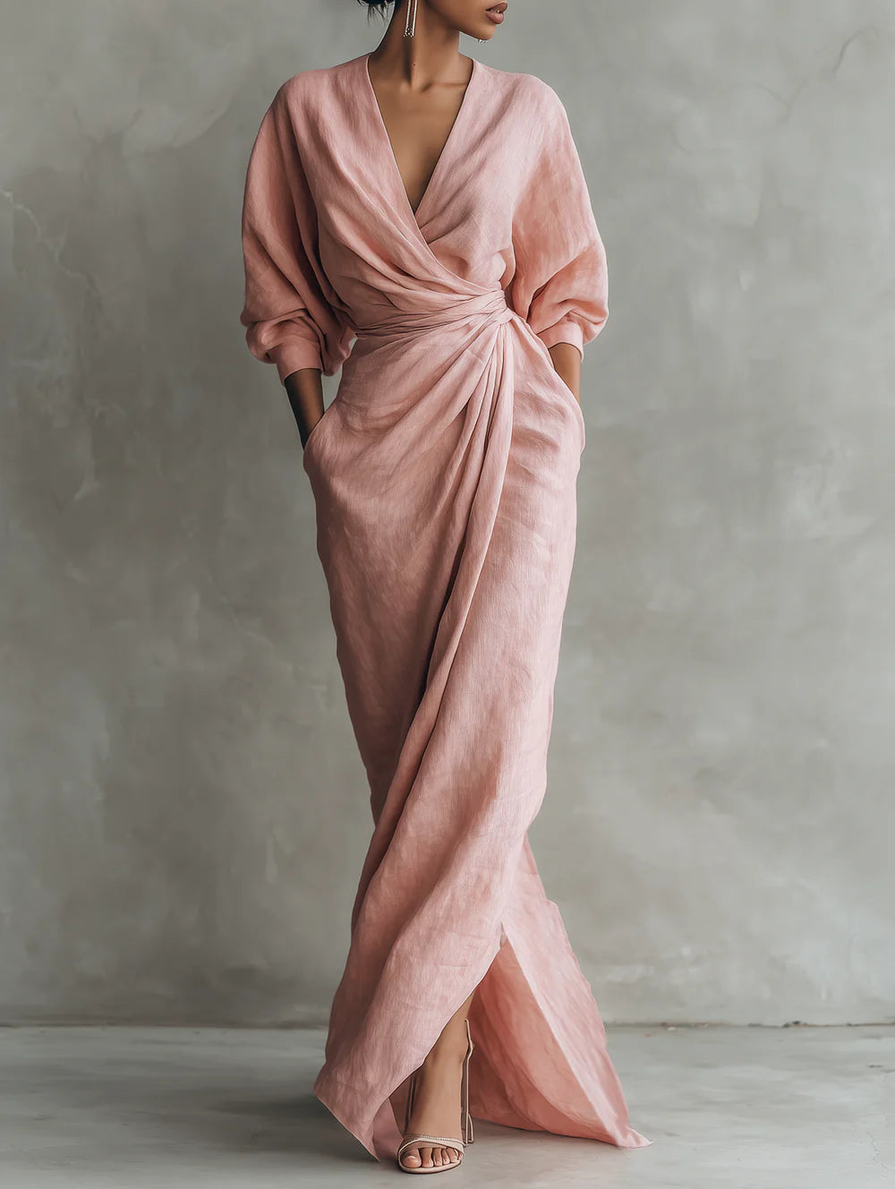 Fiorenne | Draped V-Neck Puff Sleeve Maxi Dress - Elegant Cocktail Attire