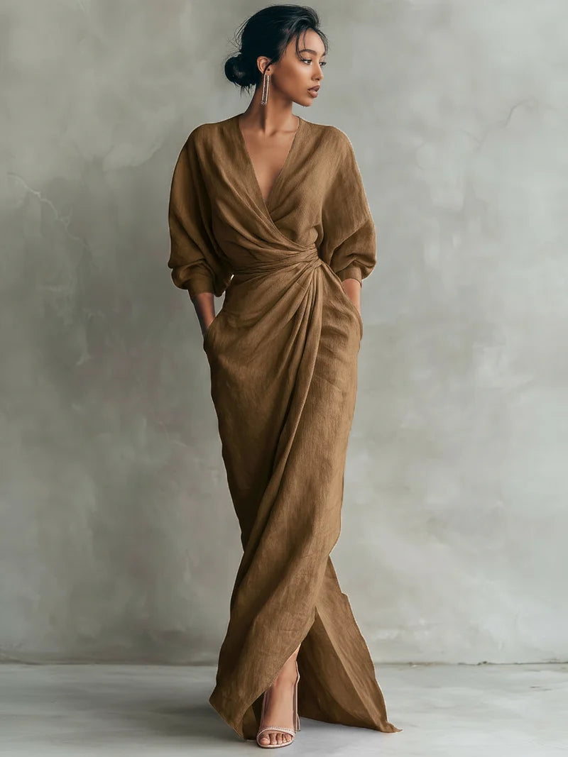 Fiorenne | Draped V-Neck Puff Sleeve Maxi Dress - Elegant Cocktail Attire