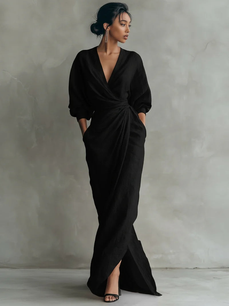 Fiorenne | Draped V-Neck Puff Sleeve Maxi Dress - Elegant Cocktail Attire