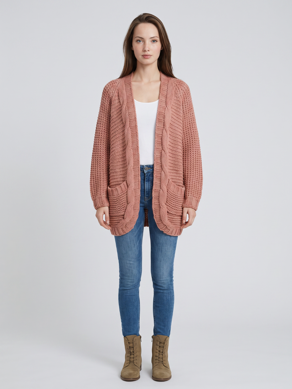 Livia | Open Front Cable Knit Cardigan – Cozy Long Sleeve Layering Outfit