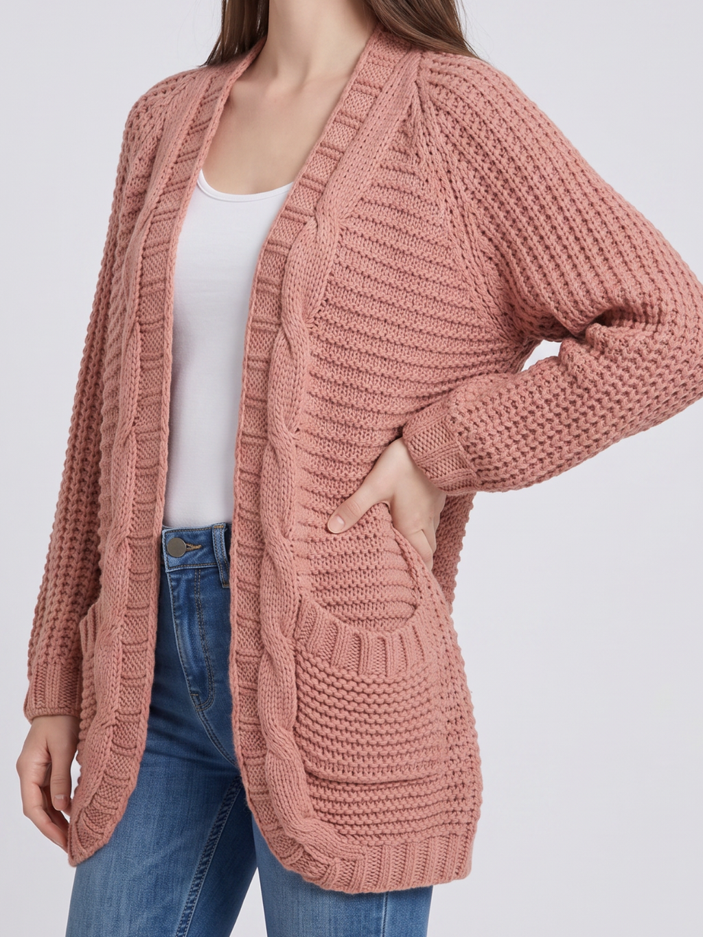 Livia | Open Front Cable Knit Cardigan – Cozy Long Sleeve Layering Outfit