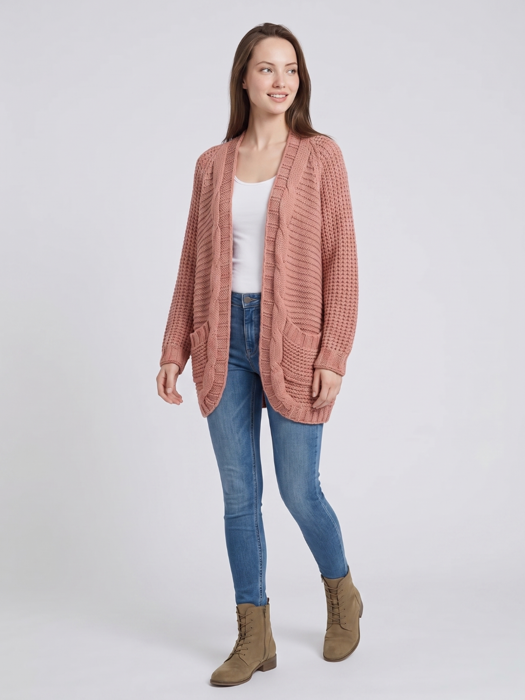 Livia | Open Front Cable Knit Cardigan – Cozy Long Sleeve Layering Outfit