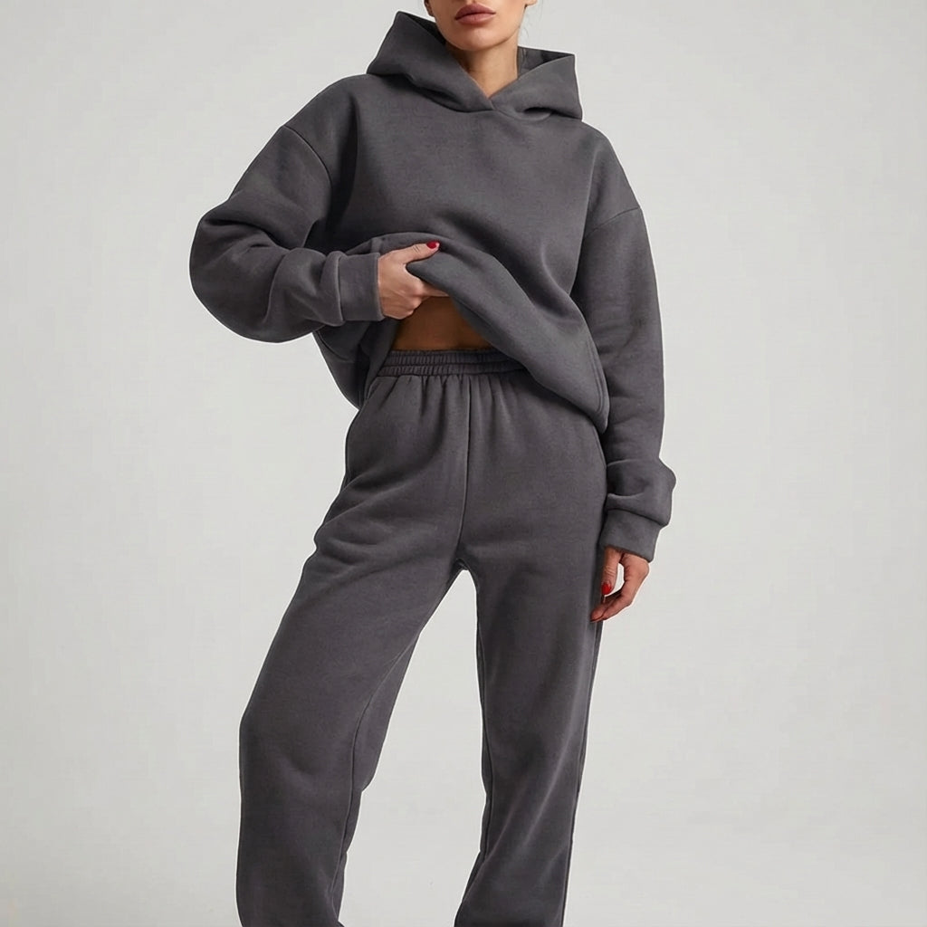 Elowen | Hooded Drop-Shoulder Oversized Two-Piece Tracksuit - Ribbed-Hem Casual Loungewear