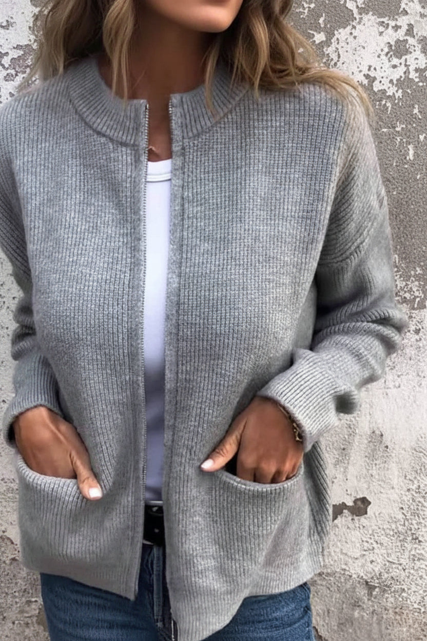 Women’s Ribbed Knit Zip-Up Jacket with Front Pockets – Casual Everyday Outerwear